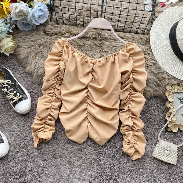 Bluză de damă modernă în cinci culori, cu decolteu în V și mâneci lungi