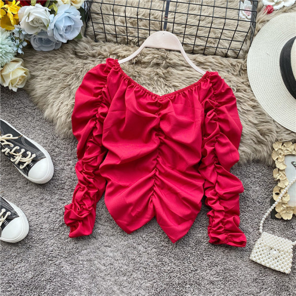 Bluză de damă modernă în cinci culori, cu decolteu în V și mâneci lungi