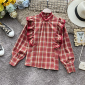 Bluza de dama in carouri in stil retro in trei culori cu guler jos