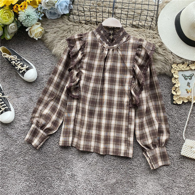 Bluza de dama in carouri in stil retro in trei culori cu guler jos