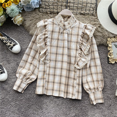 Bluza de dama in carouri in stil retro in trei culori cu guler jos