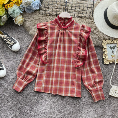 Bluza de dama in carouri in stil retro in trei culori cu guler jos