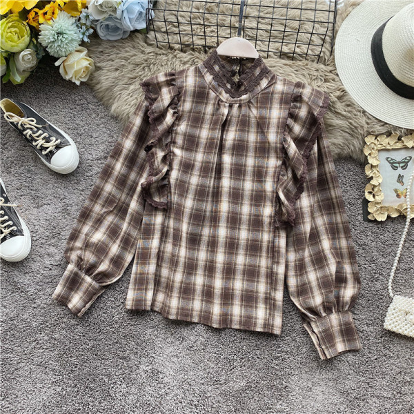 Bluza de dama in carouri in stil retro in trei culori cu guler jos