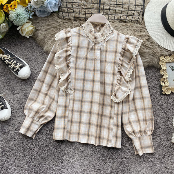 Bluza de dama in carouri in stil retro in trei culori cu guler jos