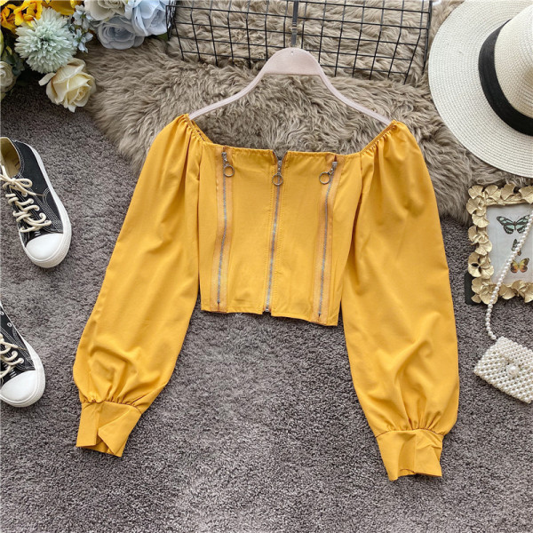 Retro stílusú női ing négyzet alakú nyakkivágással és cipzárral, öt színben