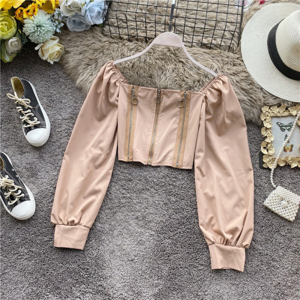 Retro stílusú női ing négyzet alakú nyakkivágással és cipzárral, öt színben