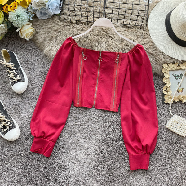 Retro stílusú női ing négyzet alakú nyakkivágással és cipzárral, öt színben