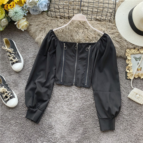 Retro stílusú női ing négyzet alakú nyakkivágással és cipzárral, öt színben