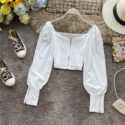 Ρέτρο στυλ γυναικείο πουκάμισο σε έξι χρώματα με τετράγωο ντεκολτέ και φερμουάρ