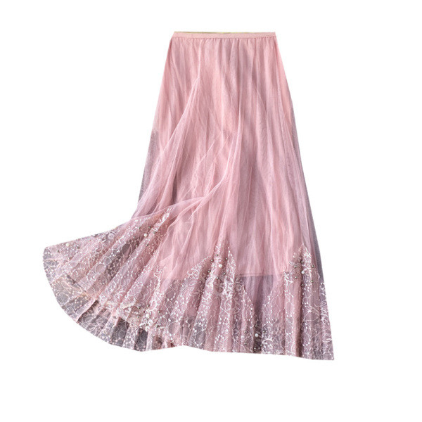 Modern női szoknya rózsaszín, bézs és fekete színben, gyöngyökkel és csipkével