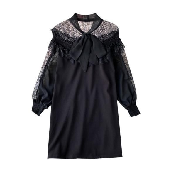 Zöld, fekete-fehér női ruha hosszú ujjal és csipkével