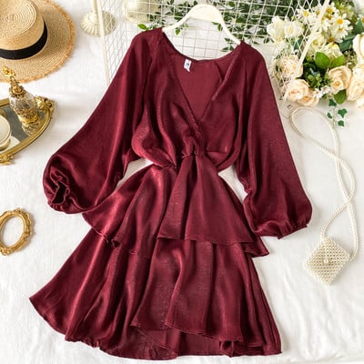 Stílusos női ruha V-nyakú rózsaszín, barna, piros és fekete színekben