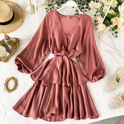 Stílusos női ruha V-nyakú rózsaszín, barna, piros és fekete színekben