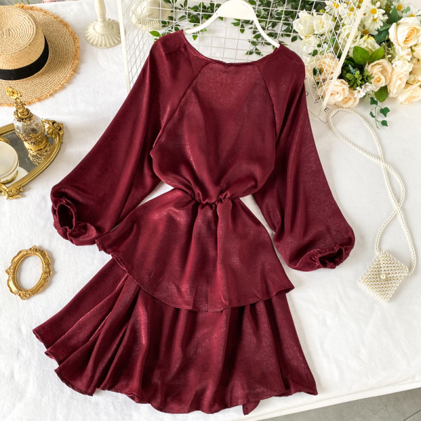 Stílusos női ruha V-nyakú rózsaszín, barna, piros és fekete színekben