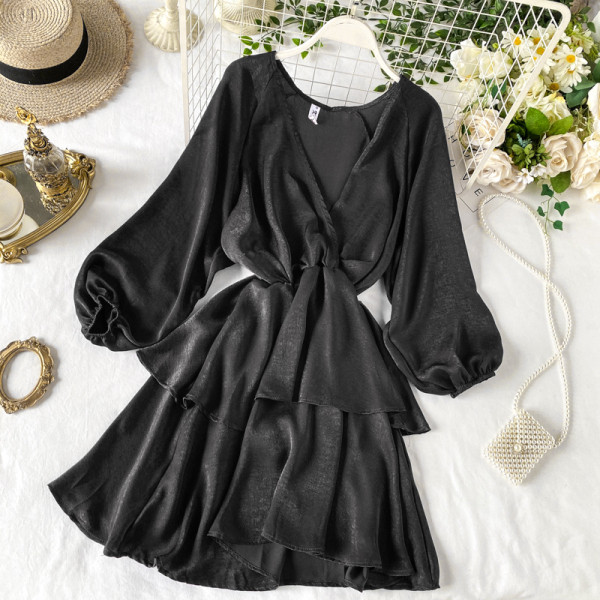 Stílusos női ruha V-nyakú rózsaszín, barna, piros és fekete színekben