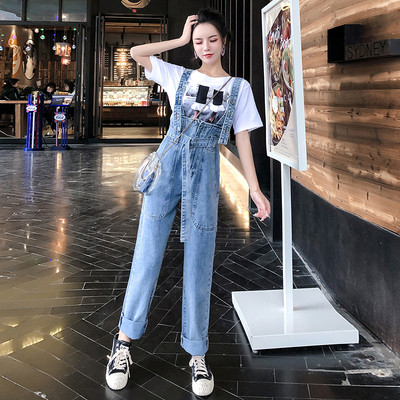 Modern farmer jumpsuit egyenes modell magas derékkal, kék színben