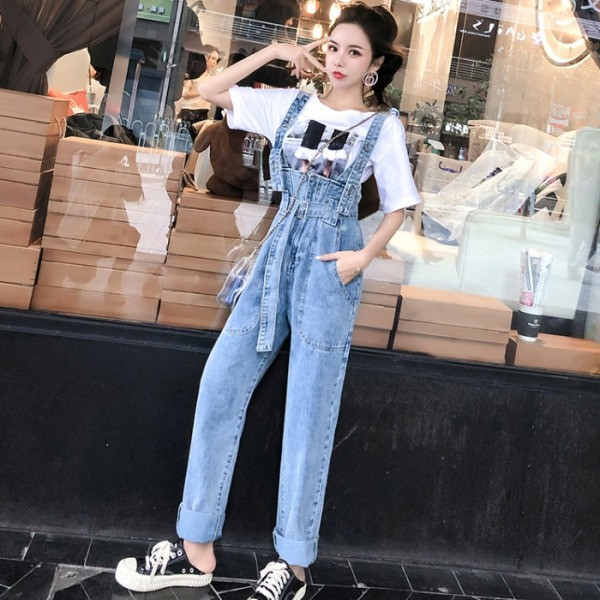 Modern farmer jumpsuit egyenes modell magas derékkal, kék színben