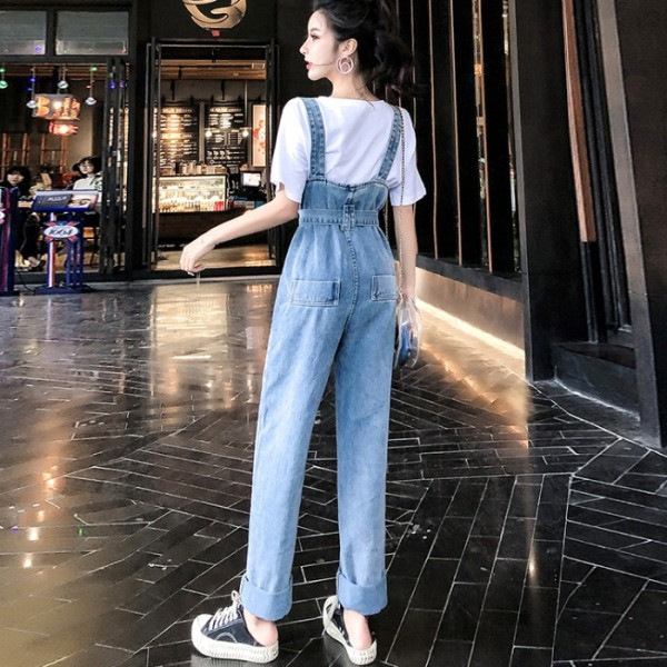 Modern farmer jumpsuit egyenes modell magas derékkal, kék színben