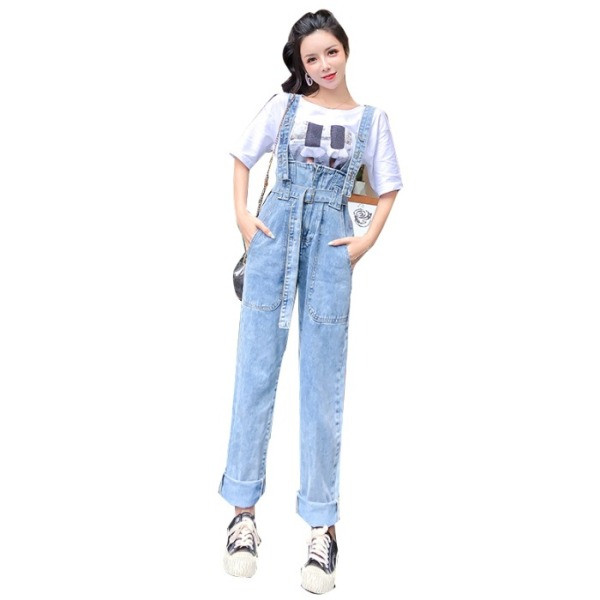 Modern farmer jumpsuit egyenes modell magas derékkal, kék színben