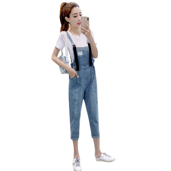 Új modell női farmer overál kék színben, derékban megkötővel