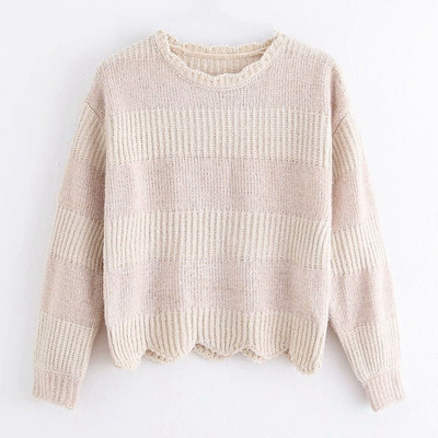 Rövid szabású aszimmetrikus pulóver vékony kötésből, bézs színben