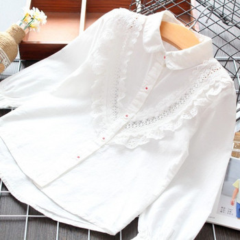 Детска риза за момичета с класическа яка,дантела и копчета в бял цвят