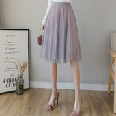 Redős női szoknya szürke, kék és rózsaszín színben, tüllel és magas derékkal