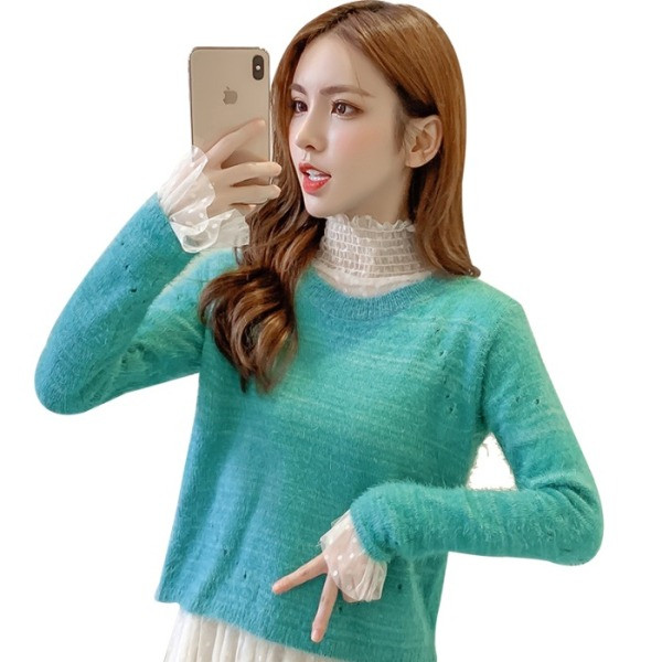 Καθημερινό χνουδοτό πουλόβερ με ωοειδές ντεκολτέ σε ροζ, λευκό, πράσινο και πορτοκαλί χρώμα