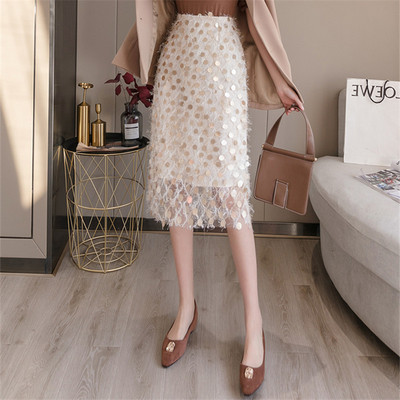 Fusta de dama model nou cu talie inalta si paiete in bej si negru