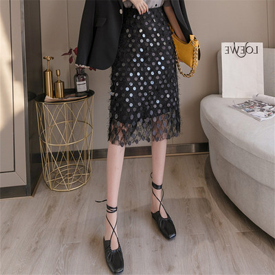 Fusta de dama model nou cu talie inalta si paiete in bej si negru