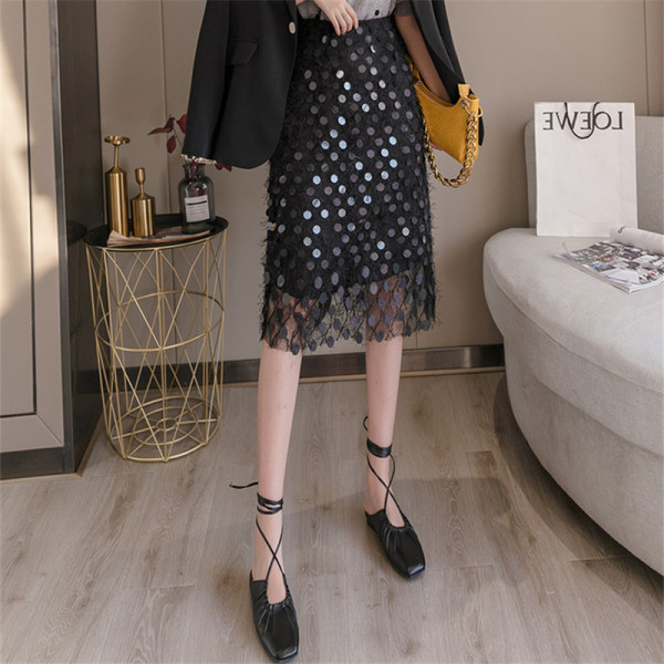 Fusta de dama model nou cu talie inalta si paiete in bej si negru