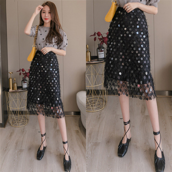 Fusta de dama model nou cu talie inalta si paiete in bej si negru