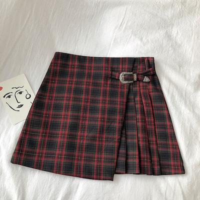 Καρό γυναικεία φούστα σε γκρι και κόκκινο χρώμα με υψηλή μέση