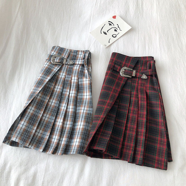 Καρό γυναικεία φούστα σε γκρι και κόκκινο χρώμα με υψηλή μέση