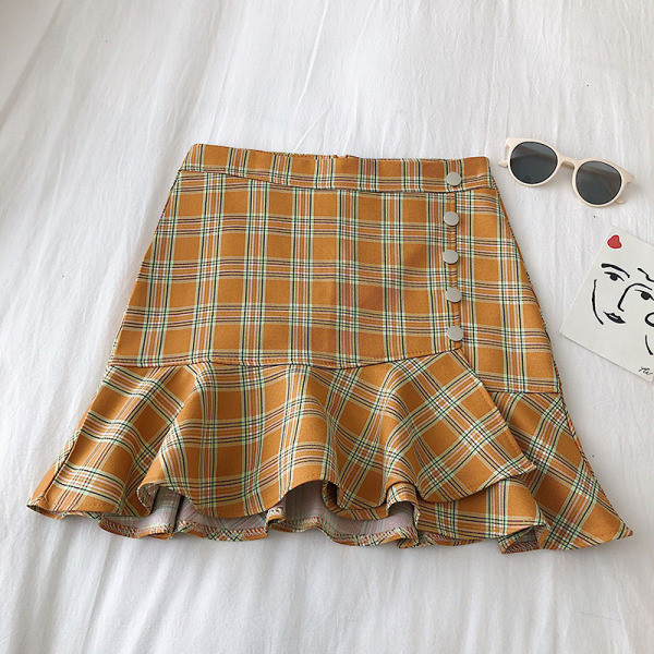 Kockás női szoknya narancssárga, bézs és rózsaszín színben, gombokkal és magas derékkal