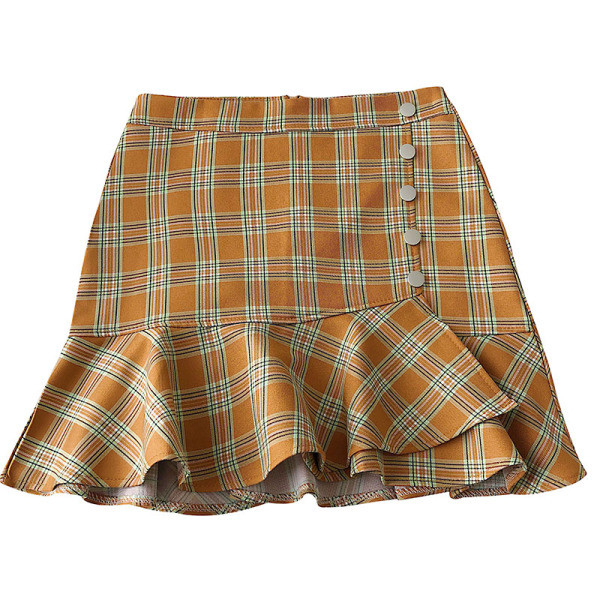 Kockás női szoknya narancssárga, bézs és rózsaszín színben, gombokkal és magas derékkal