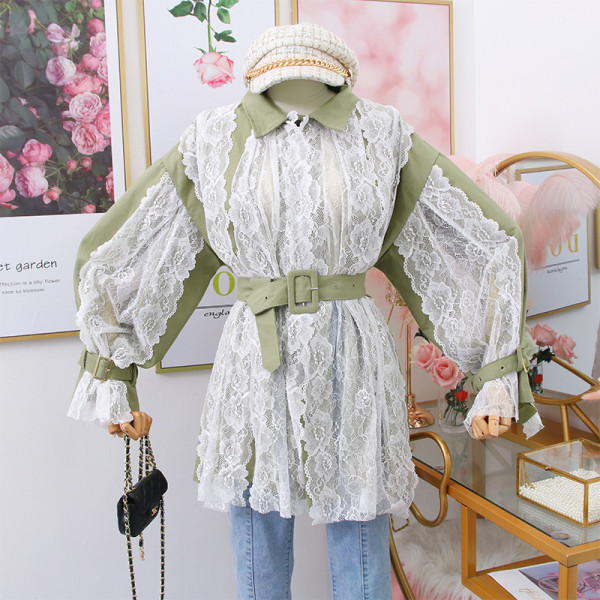 Női csipke ing klasszikus gallérral és övvel zöld és fekete színben