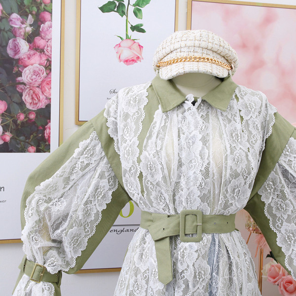 Női csipke ing klasszikus gallérral és övvel zöld és fekete színben