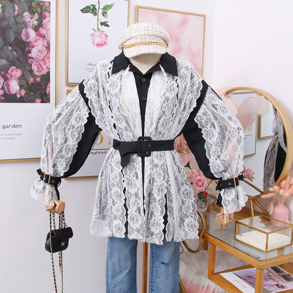 Női csipke ing klasszikus gallérral és övvel zöld és fekete színben