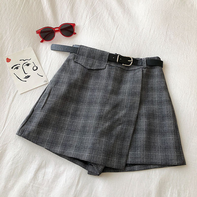 Καρό γυναικεία φούστα -παντελόνι σε τέσσερα χρώματα με υψηλή μέση και ζώνη