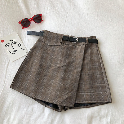 Καρό γυναικεία φούστα -παντελόνι σε τέσσερα χρώματα με υψηλή μέση και ζώνη