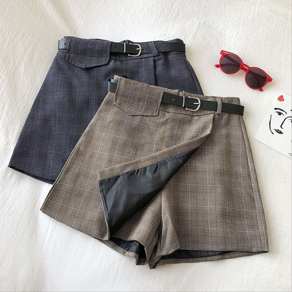 Καρό γυναικεία φούστα -παντελόνι σε τέσσερα χρώματα με υψηλή μέση και ζώνη