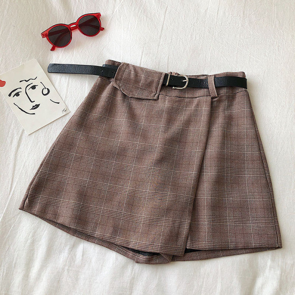 Καρό γυναικεία φούστα -παντελόνι σε τέσσερα χρώματα με υψηλή μέση και ζώνη