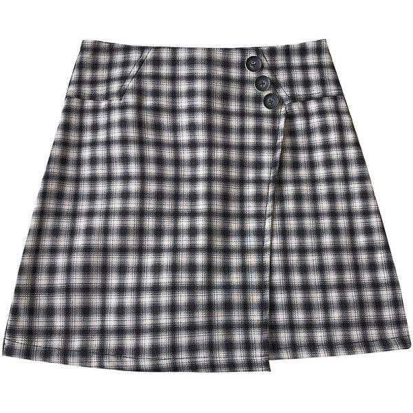 Rövid női szoknya szürke, fekete és zöld színben, magas derékkal és gombokkal