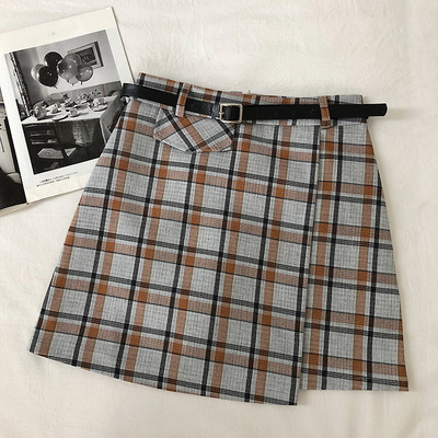 Kockás női szoknya szürke, narancssárga és zöld színben, magas derékkal és zsebbel