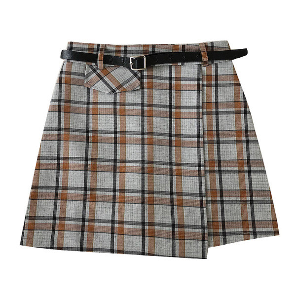 Kockás női szoknya szürke, narancssárga és zöld színben, magas derékkal és zsebbel