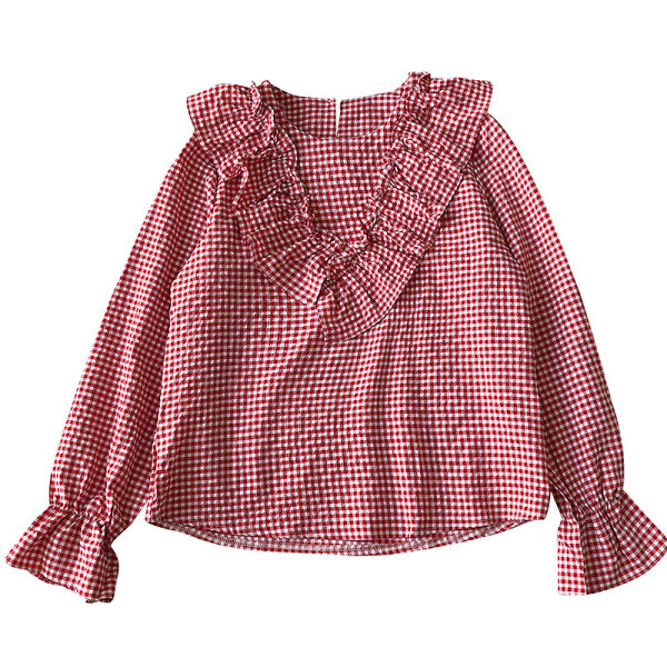 Cămașă modernă de damă în roșu și negru, cu decolteu rotund și bucle