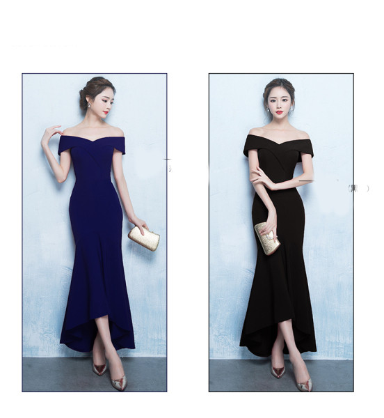 Elegáns női hosszú ruha spitz nyakkivágással, fekete, kék és piros színekben