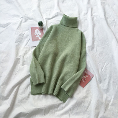 Pulover de damă în verde, alb, gri și maro, cu guler polo și mâneci lungi