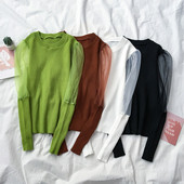 Női pulóver zöld, fehér, fekete és barna színben, az ujjakon tüll